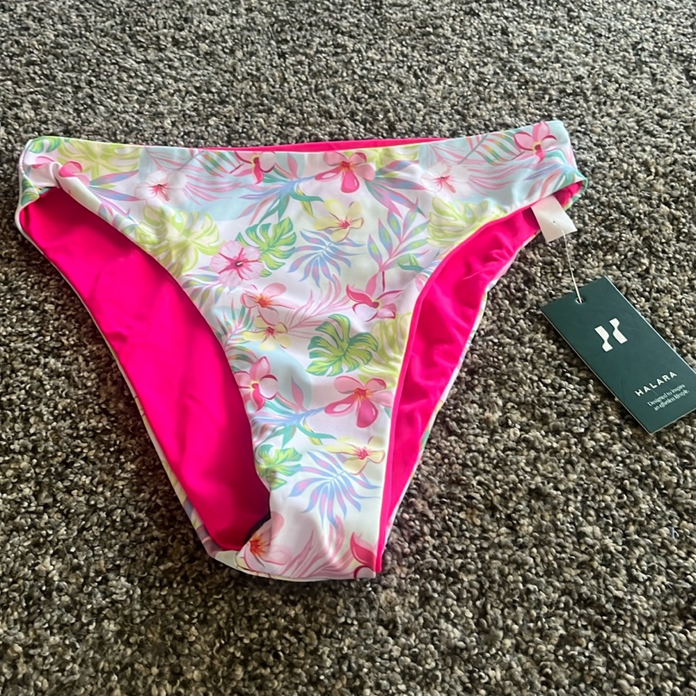 NWT Halara Reversible Floral and Hot Pink Bikini Bottom size L